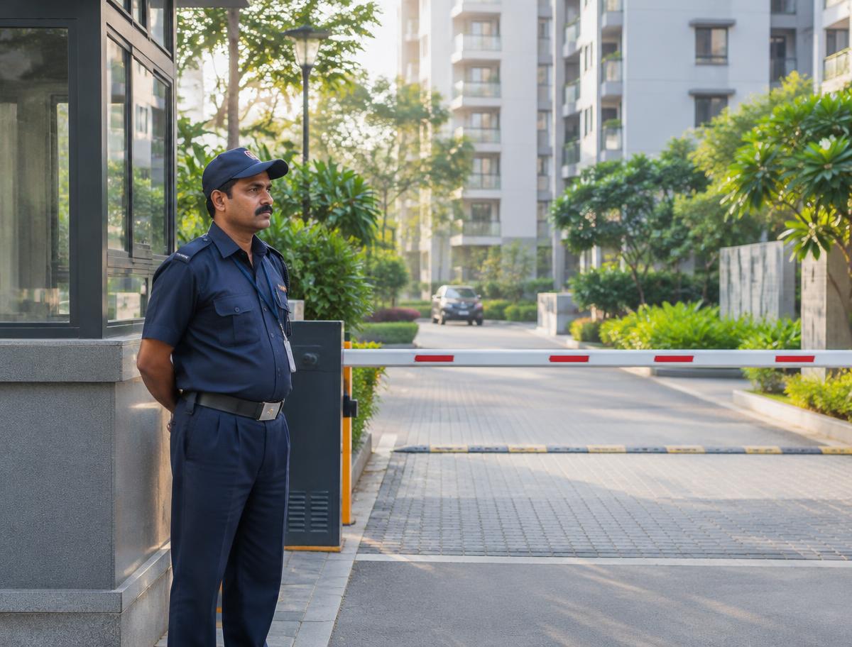Security guard stationed at the entrance gate of a residential community
