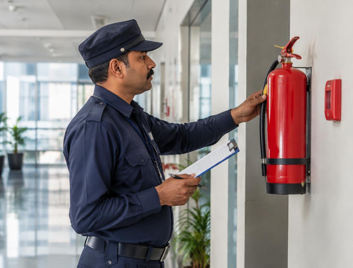 Security officer inspecting a wall-mounted fire extinguisher with a checklist
