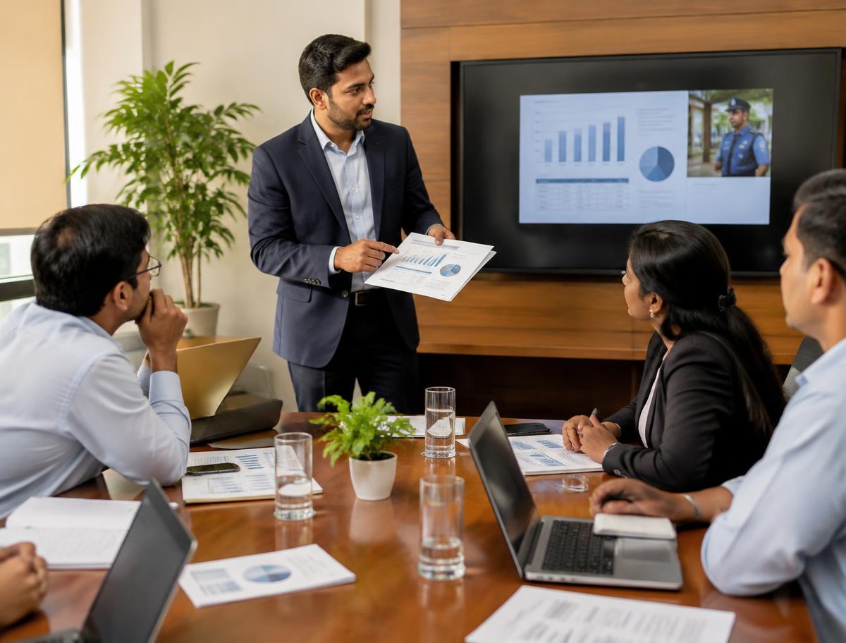 Security services manager presenting a performance report to facility managers
