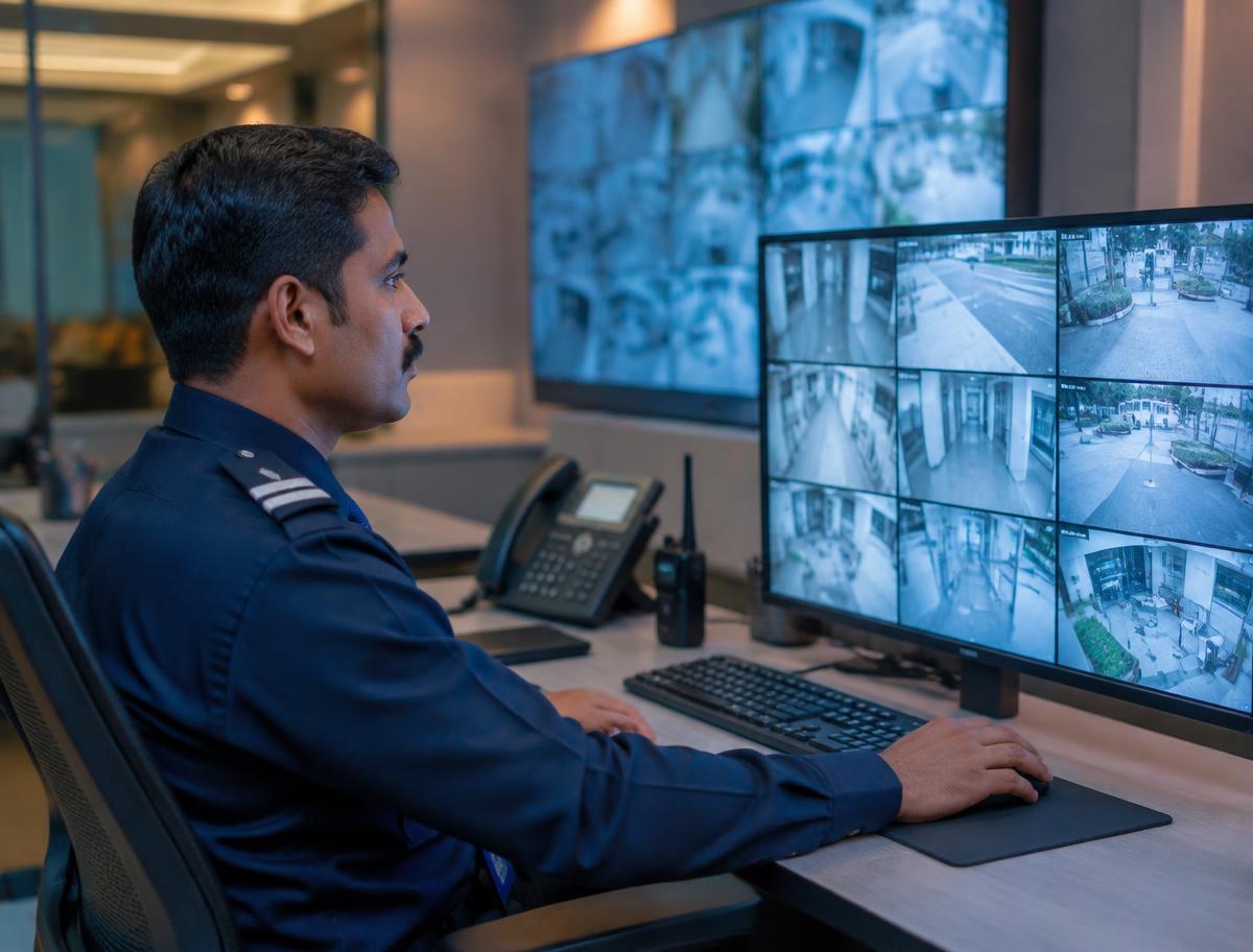 Security supervisor monitoring CCTV screens in a control room